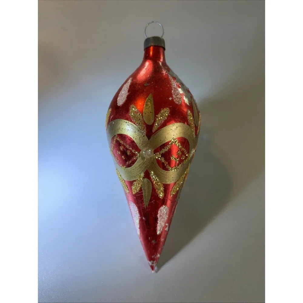Vintage Christmas Red Gold Glass Teardrop Ornament Hand Painted Glitter Holiday